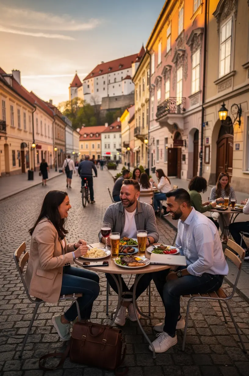 Skupina ľudí na večernom výlete v malebnej slovenskej dedinke počas pracovného pobytu na diaľku.